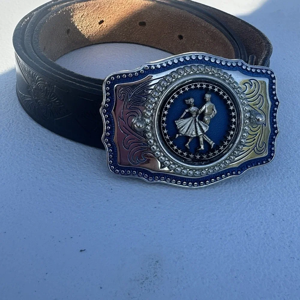 VTG Square Dancing Belt Buckle And Leather Black Belt Silver toned‎ And Blue USA